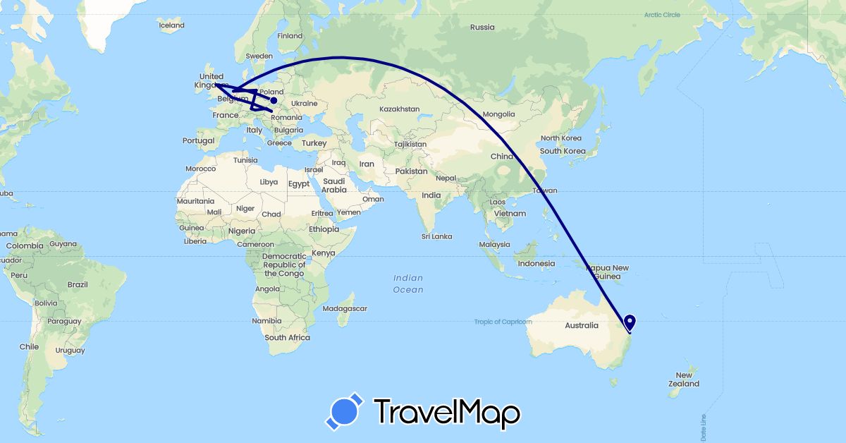TravelMap itinerary: driving in Austria, Australia, Belgium, Germany, United Kingdom, Hungary, Netherlands, Poland, Slovakia (Europe, Oceania)
