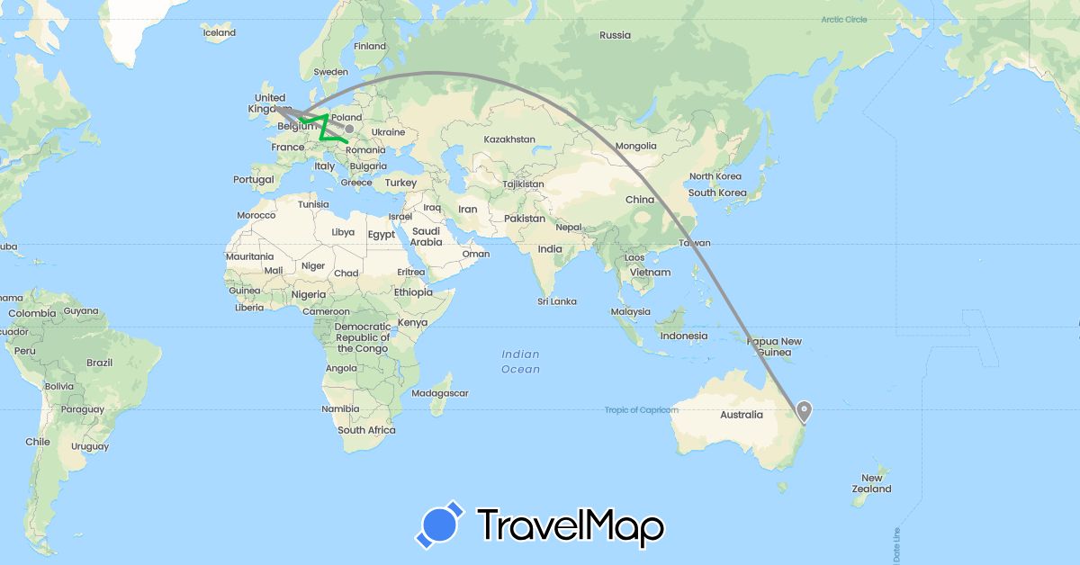 TravelMap itinerary: driving, bus, plane in Austria, Australia, Belgium, Germany, United Kingdom, Hungary, Netherlands, Poland, Slovakia (Europe, Oceania)